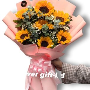Premium fresh sunflowers and baby breath hand bouquet