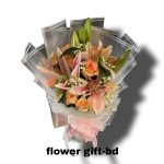 Premium fresh pink lily, pink  rose and baby breath hand bouquet