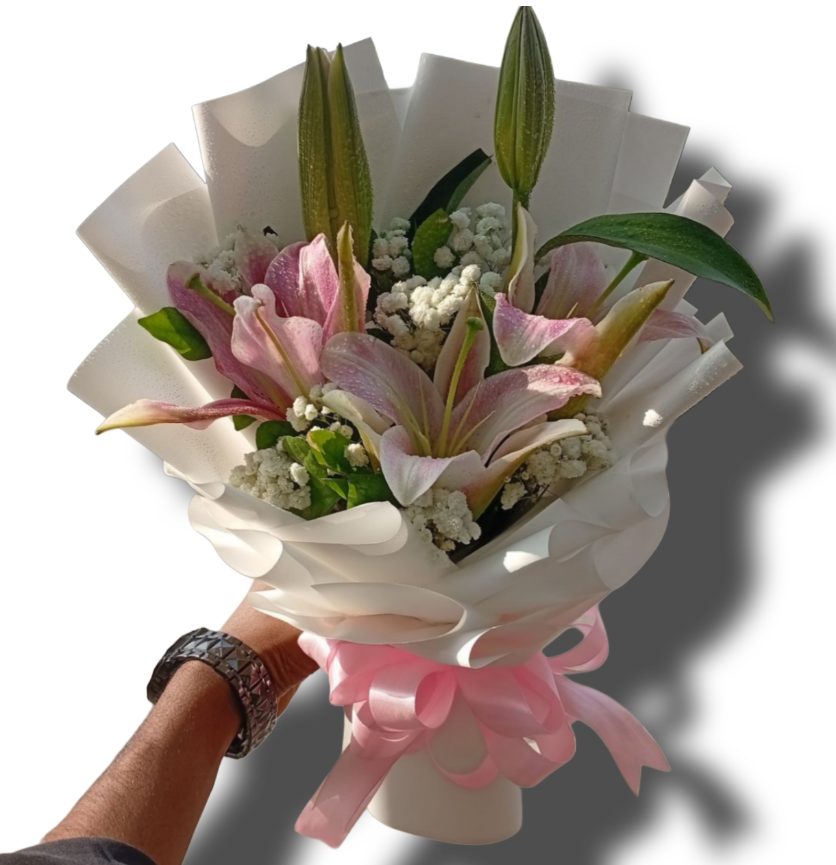 c9def048-7597-41de-ac9b-a734f372b81a Premium fresh pink lily and baby breath reels post hand bouquet - Image 1