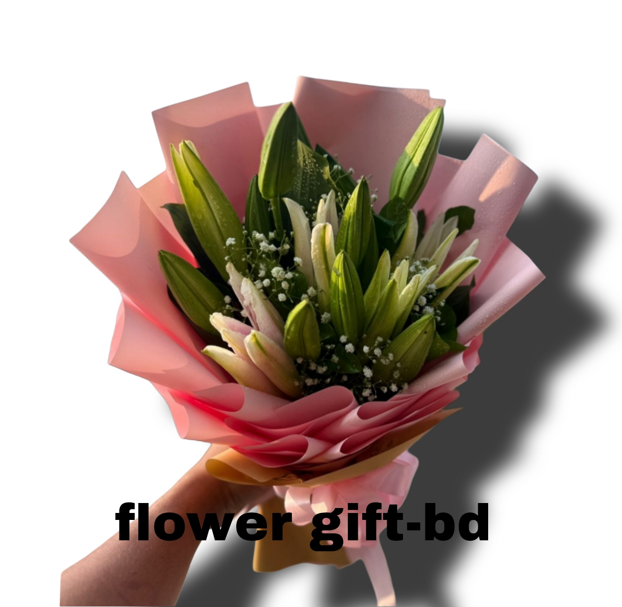 d54f0fec-c604-43d6-b6d7-123f23b38033 Premium fresh lily and baby breath hand bouquet - Image 1