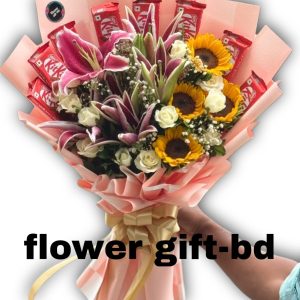 sunflower lily and chocolate bouquet in dhaka