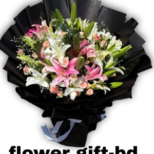 pink and white lily bouquet in dhaka
